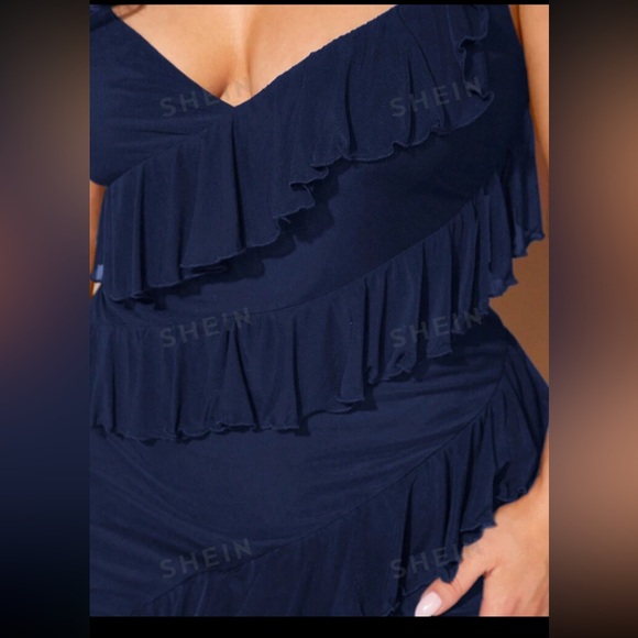 NWT SHEIN BAE Plus Size Women Ruffled Hem Slit Dress Navy Blue - Picture 7 of 7